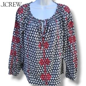 J. Crew Blouse Floral Smocked Embroidered Boho 3/4 Sleeve Oversize Peasant Sz 0